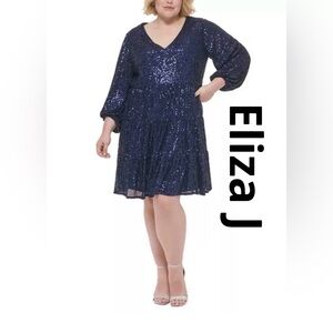 Eliza J Women's Blue Balloon Sleeve Tiered Sequin Trapeze Dress 3/4 Sleeves. 16W